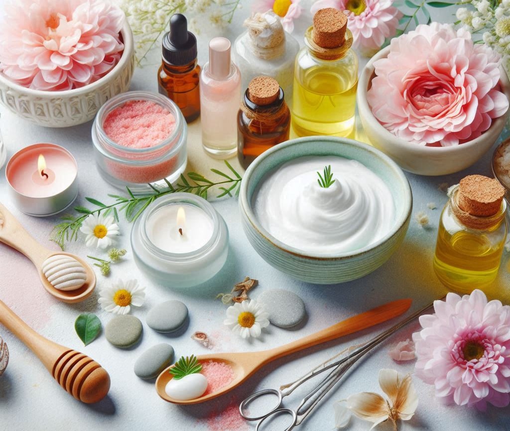 Homemade cream in bowl with candles in small glass jars