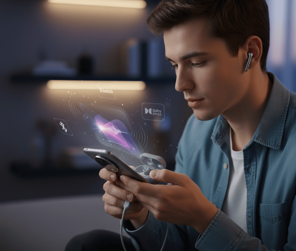 Um homem de camisa azul está segurando um celular