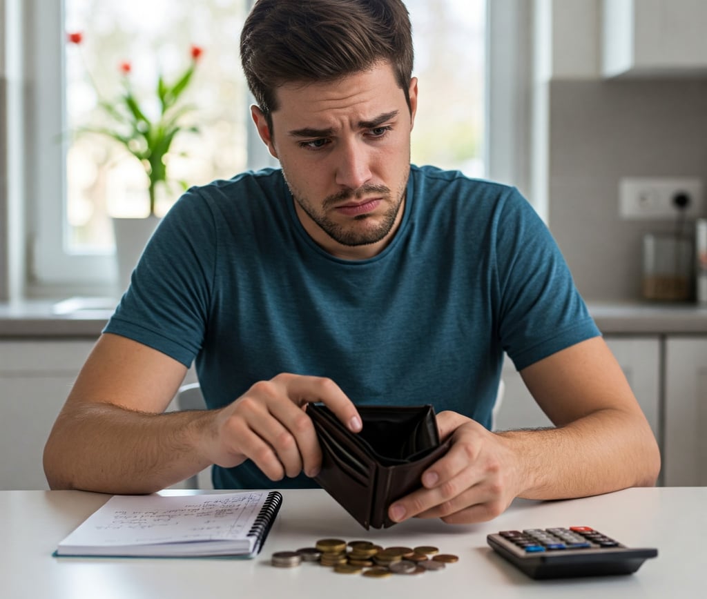 a man sitting at a table with a wallet and a wallet