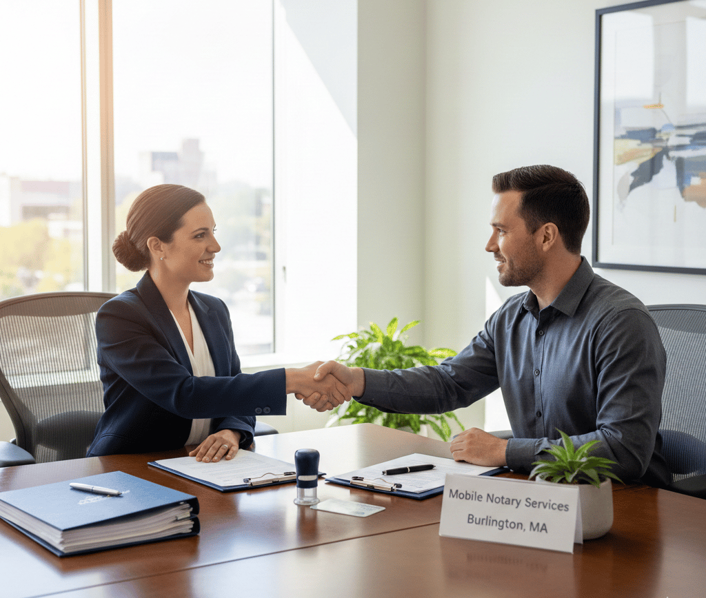 mobile notary assisting a burlington ma resident with document notarization same day service