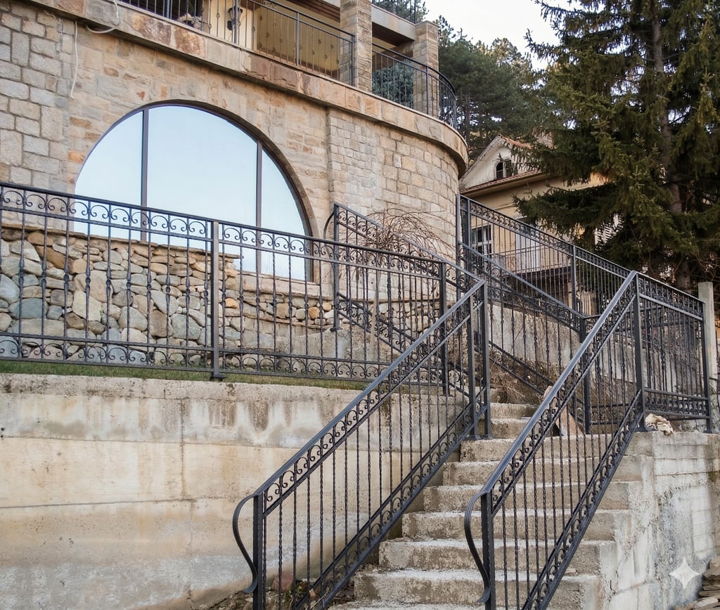 Custom wrought iron railings and outdoor stairs for a stone exterior luxury home.