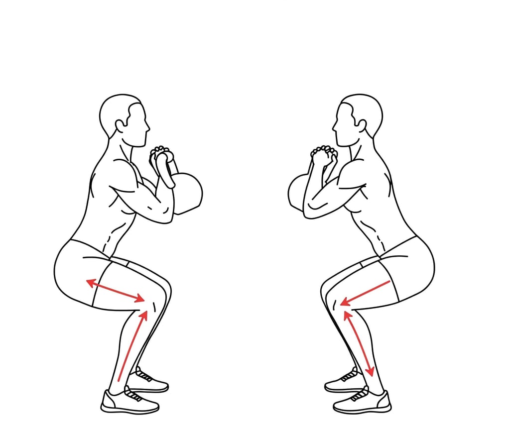 Ilustración lineal en blanco y negro de una persona ejecutando una sentadilla goblet con kettlebell