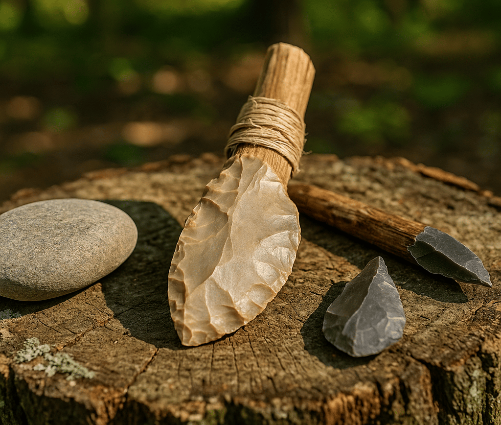 Primitive stone knife with natural fiber wrapping displayed on tree stump with flint chips for bushcraft tool making