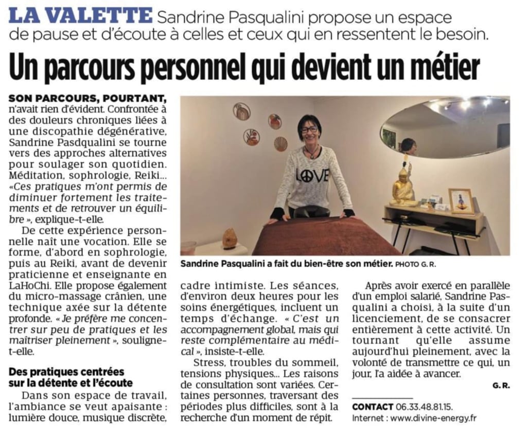 Coupure de presse de Var-Matin présentant Sandrine Pasqualini, thérapeute chez Divine Energy à La Va