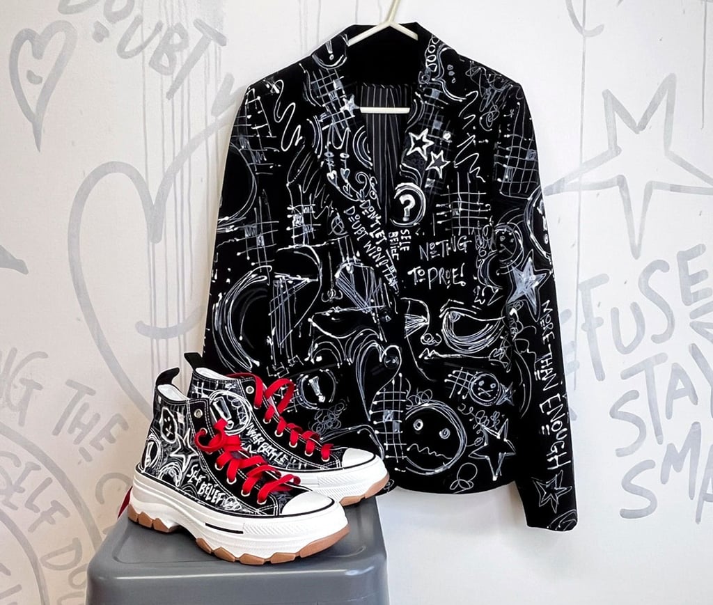 Tara Roskell Artist's customised jacket, boots and graffiti wall