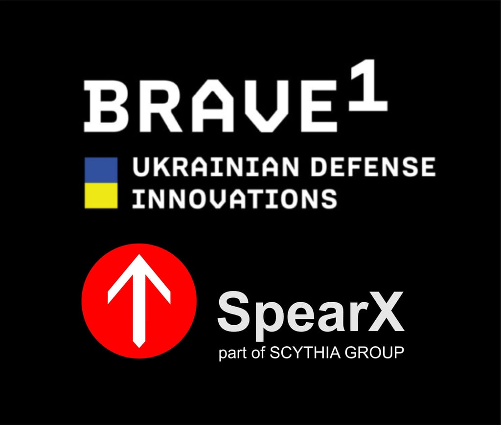 Brave1 Ukrainian Defense Innovations logo with SpearX part of Scythia Group on a black background.