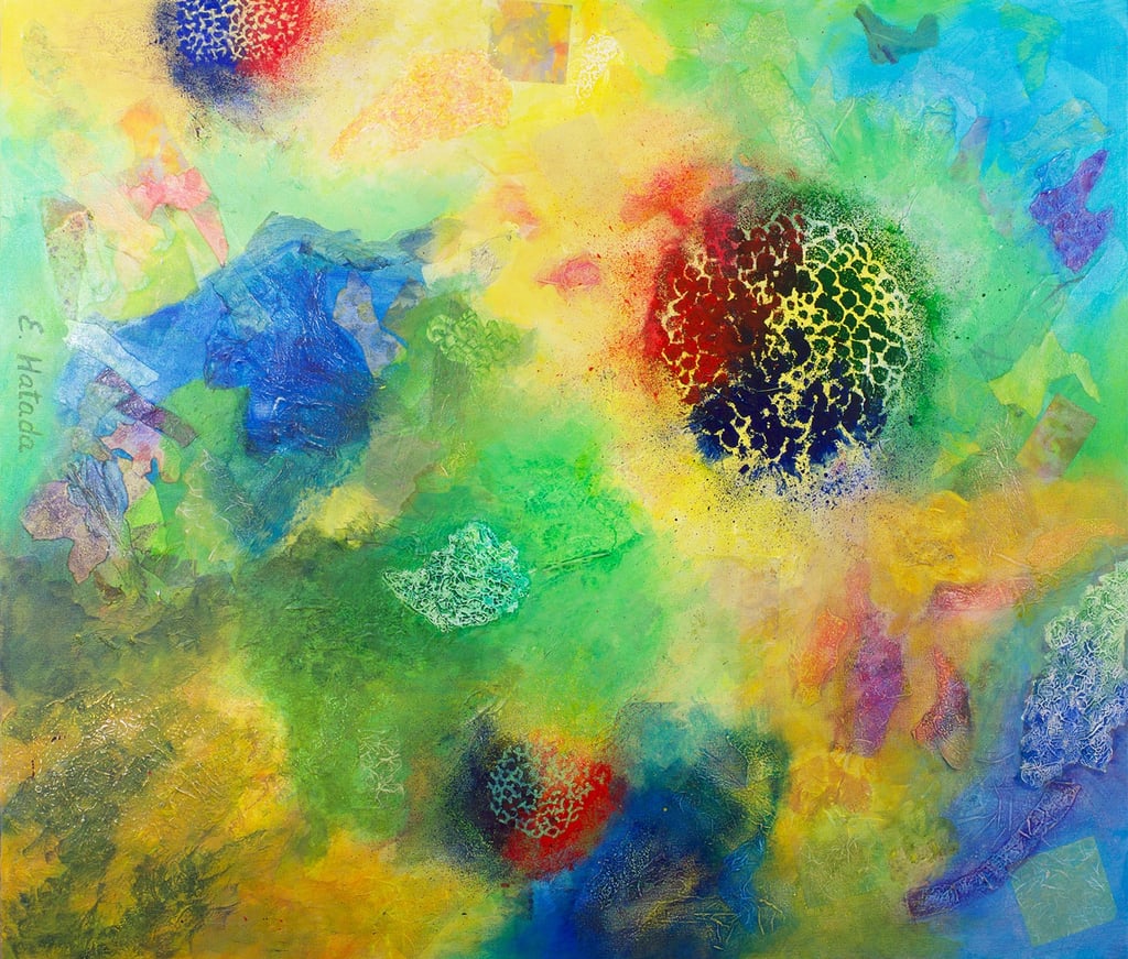 Abstract painting of cells or planets dissolving in a dreamlike landscape
