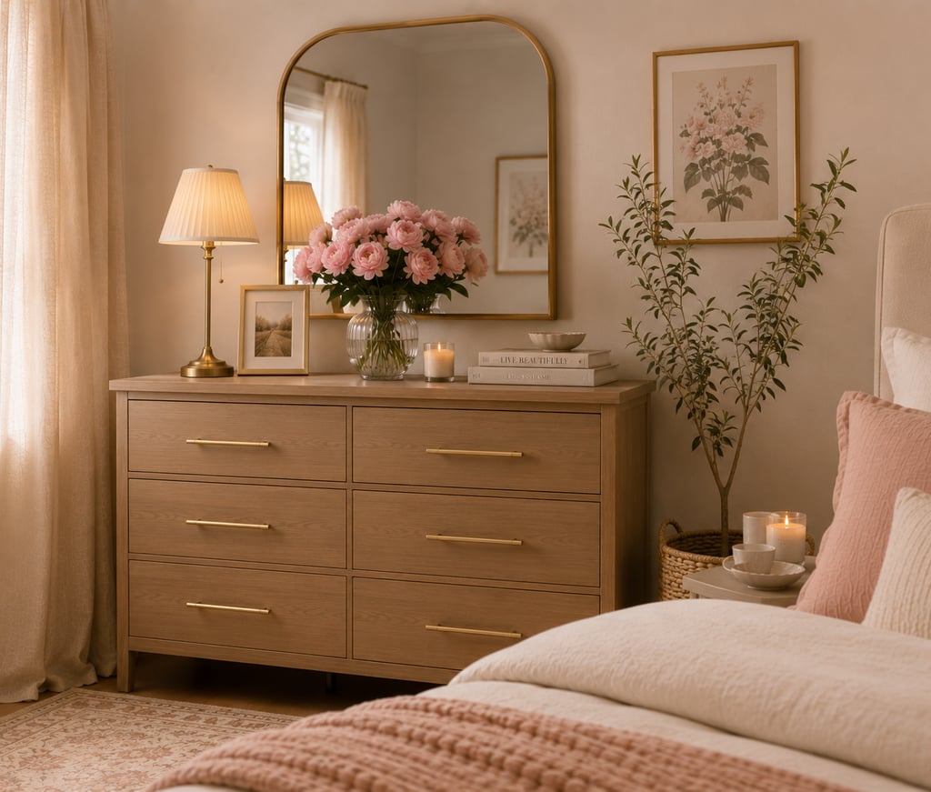 eminine bedroom gold accents with brushed gold hardware brass lamp and gold mirror frame