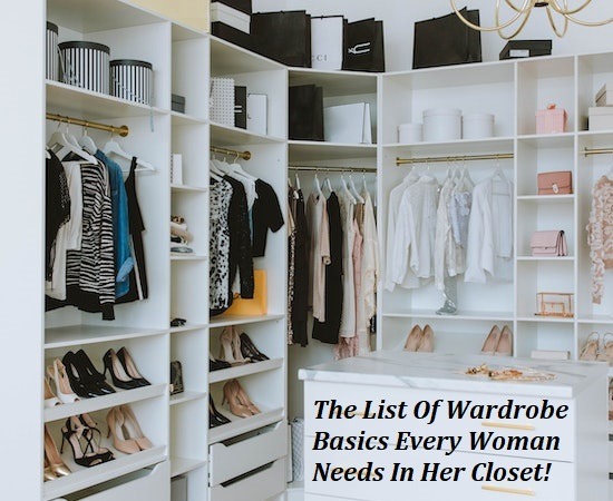 A modern, organized walk-in closet filled with neutral-toned wardrobe basics.