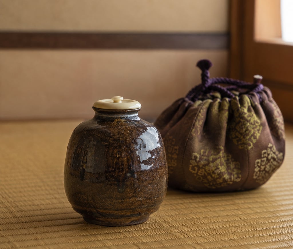 Traditional Japanese ceramic tea caddy and silk drawstring bag on a woven tatami mat.