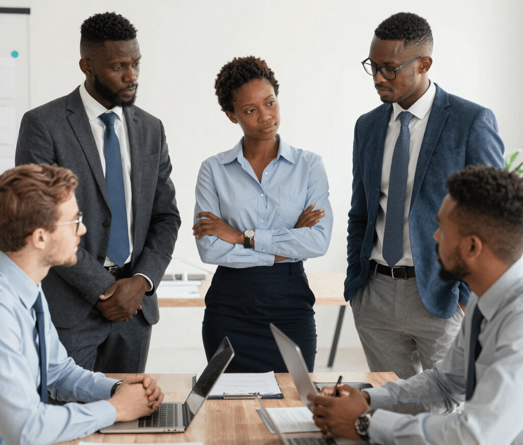 A warm, collaborative team meeting in a bright, plant-filled office space.