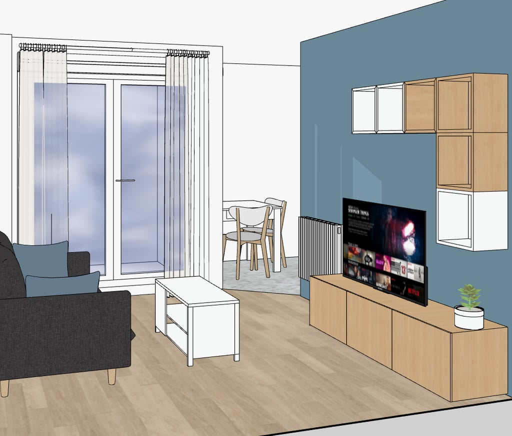 a living room with a couch, chair, and television