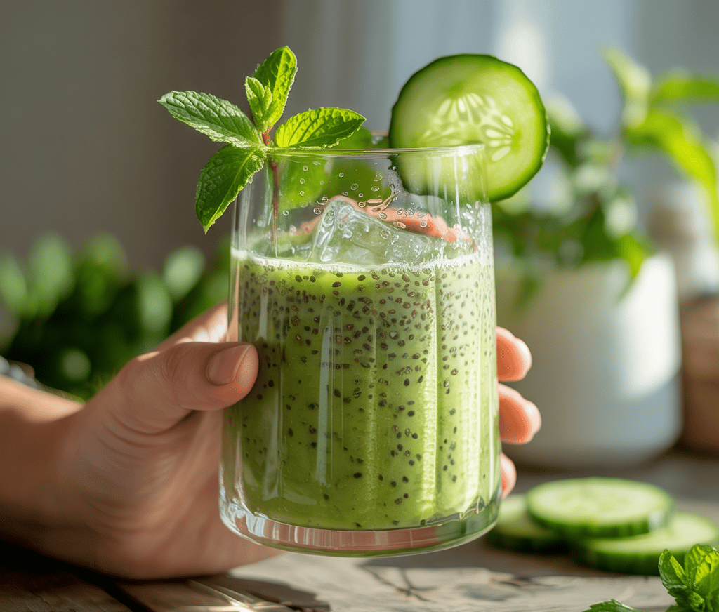 Green matcha chia smoothie served in a glass with ice, garnished with a cucumber slice and mint