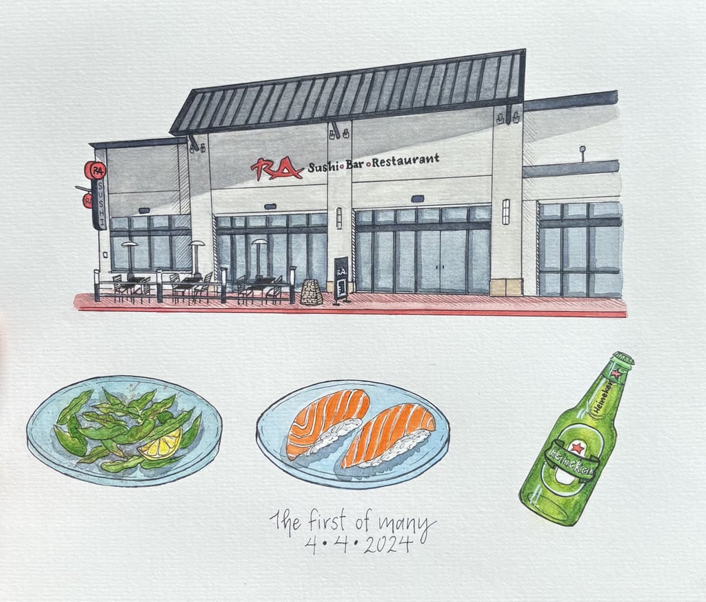 Watercolor illustration of RA Sushi Bar restaurant with plates of salmon nigiri and edamame and beer