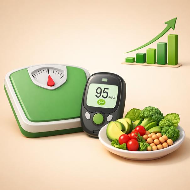 Imagem (Nutro AI): Ilustração 3D — perda de peso, glicemia e a ideia de relação dose–resposta.