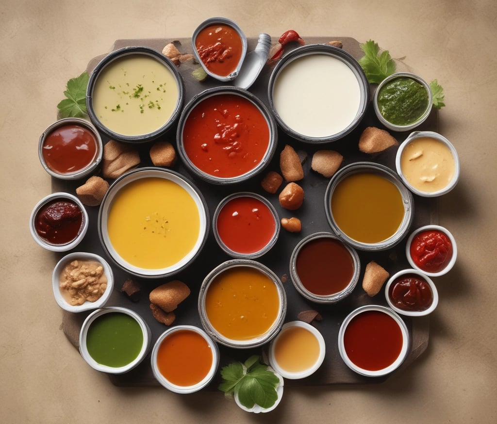 , Pictures showing a number of sauces, some cooked and some  Pasta in tomato sauce with fresh basil.