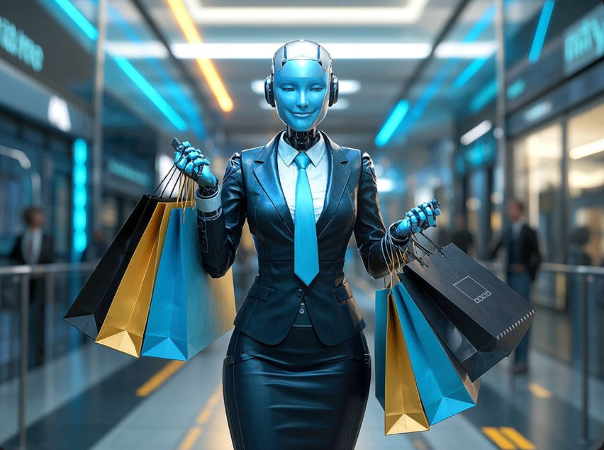 ai female robot business suit holding several shopping bags in mall smart spending