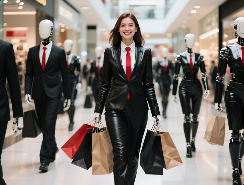 a woman in a black leather suit and red tie is walking down a shopping mall
