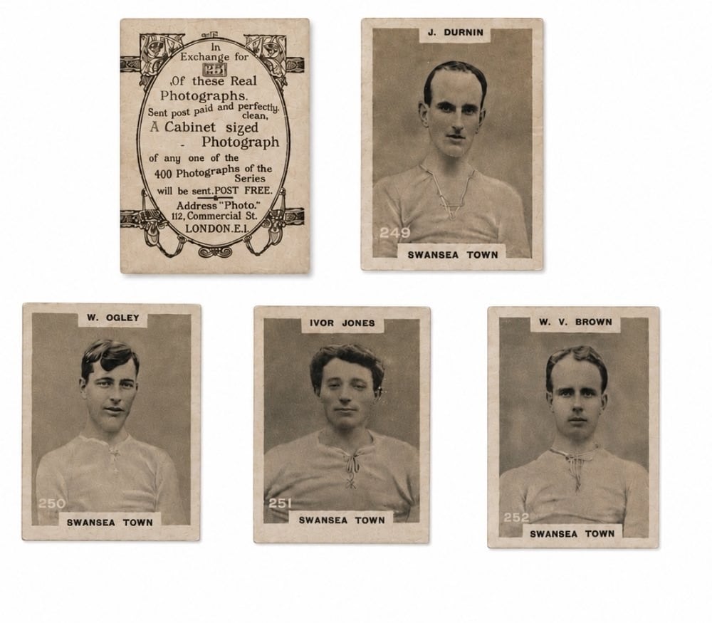 Vintage Swansea Town football trade cards featuring players J. Durnin, W. Ogley, Ivor Jones, and W. V. Brown.