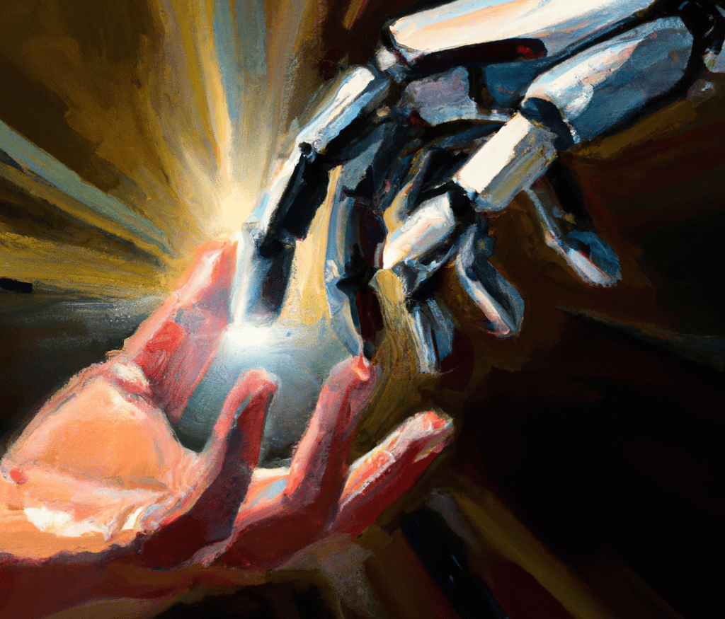 a robot hand holding a human hand