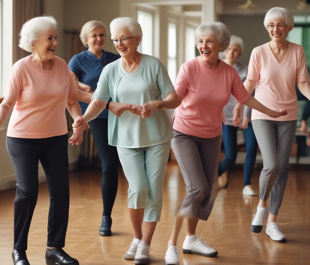 a group of elderly people dancing in a dance floor