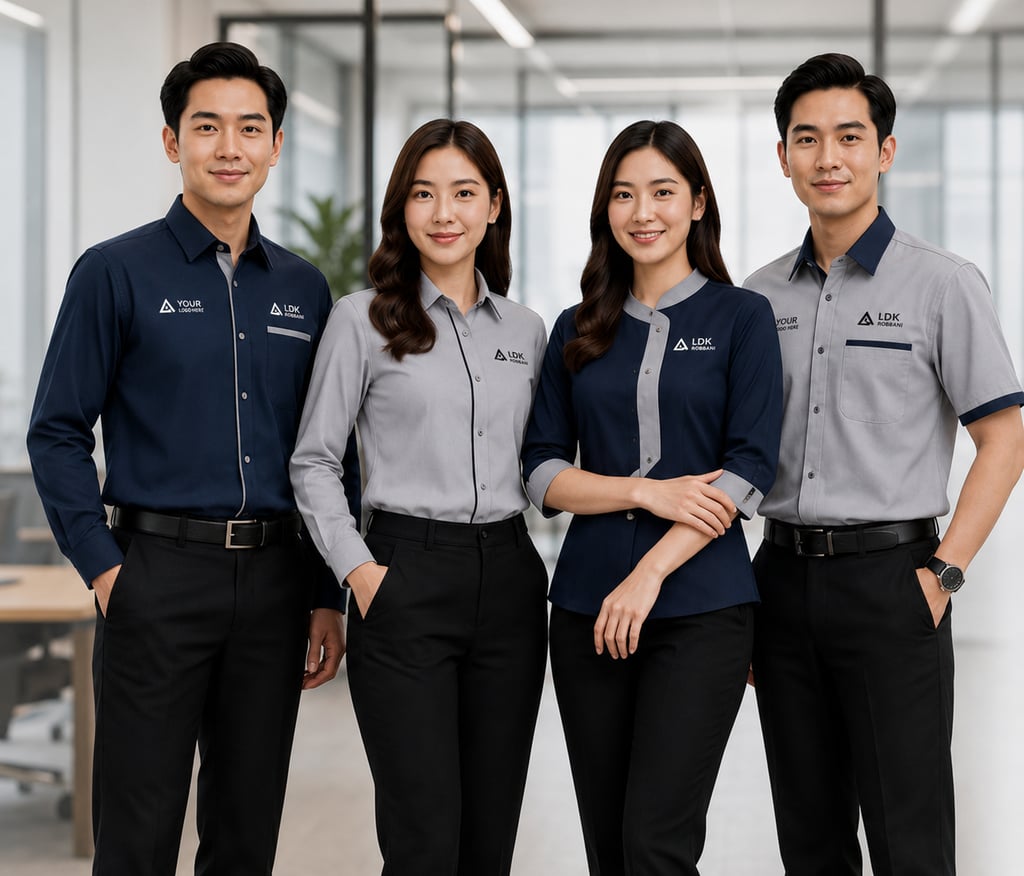 Professional office team wearing custom embroidered corporate uniforms in navy blue and grey.