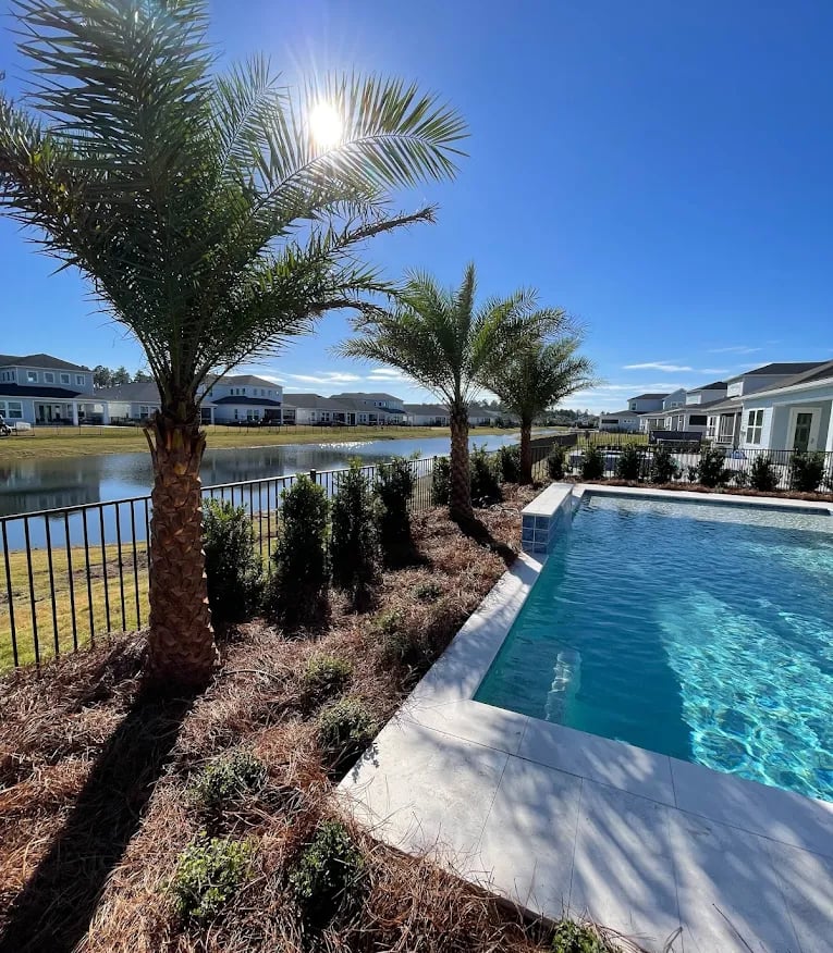 Luxury backyard swimming pool with palm trees overlooking a serene lake in a Florida residential community.
