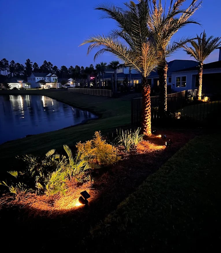 Low voltage landscape lighting illuminating palm trees and shrubs near a lake at dusk.