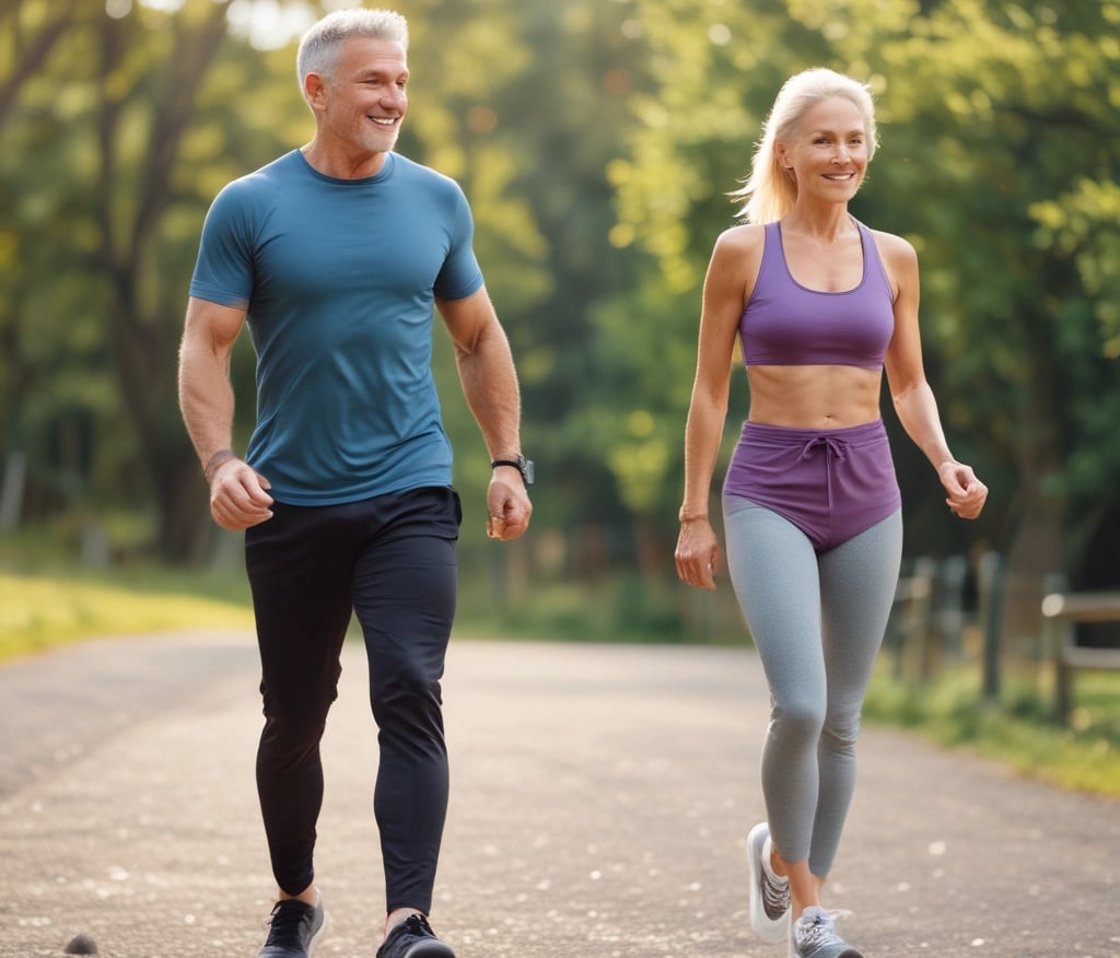 A vibrant elderly couple enjoying an active outdoor lifestyle.