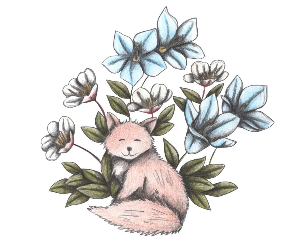 Hand-drawn illustration of a fox surrounded by white and blue flowers