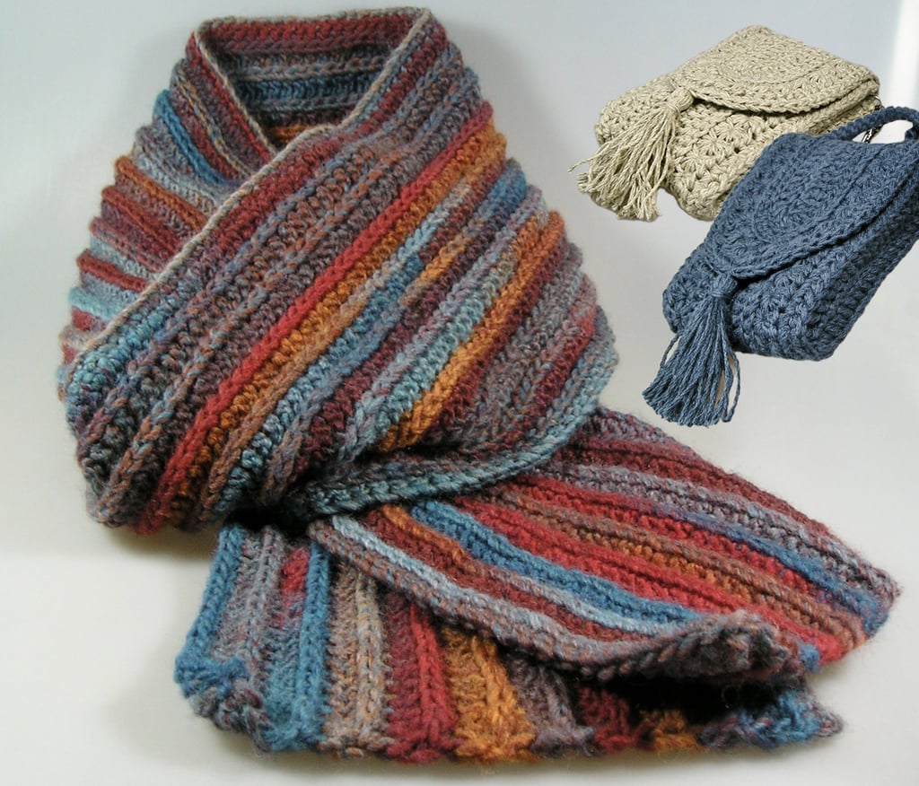 écharpe et cas au crochet en laine et coton