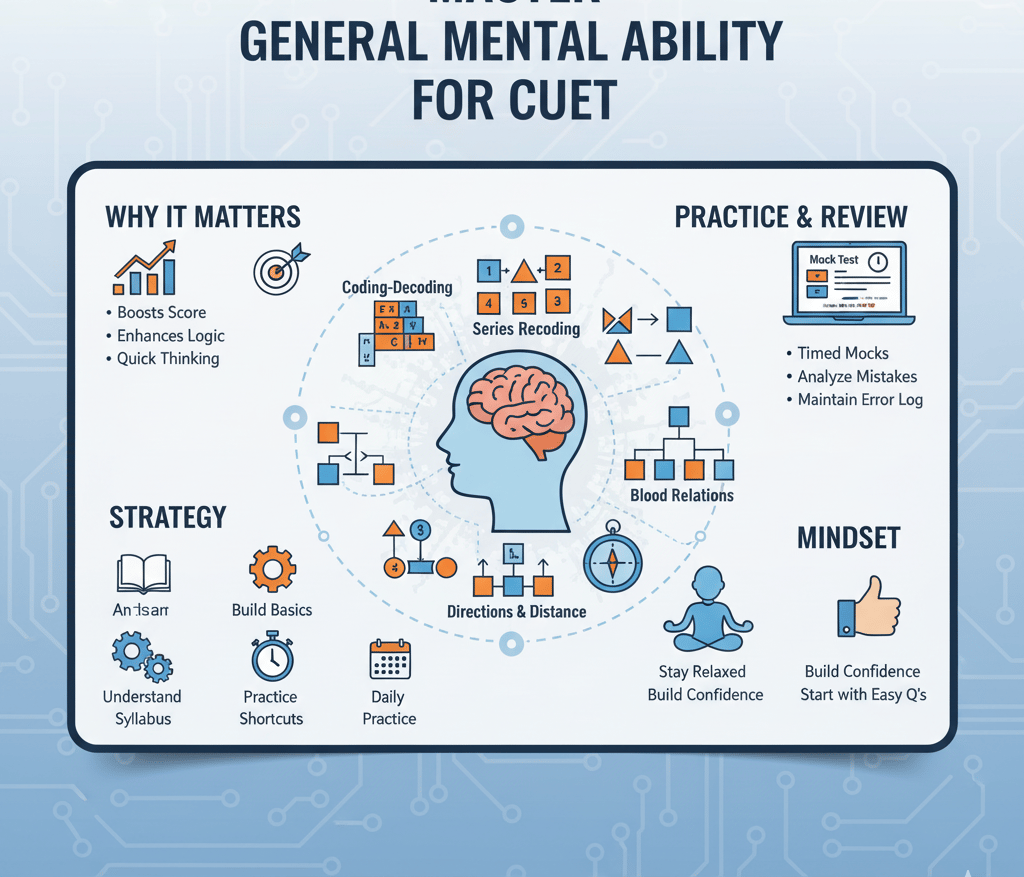 An infographic illustrating how to master the General Mental Ability section for the CUET exam. It s