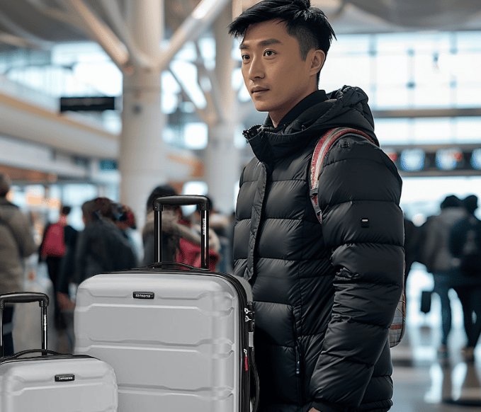 a man in a black jacket and a white suitcase