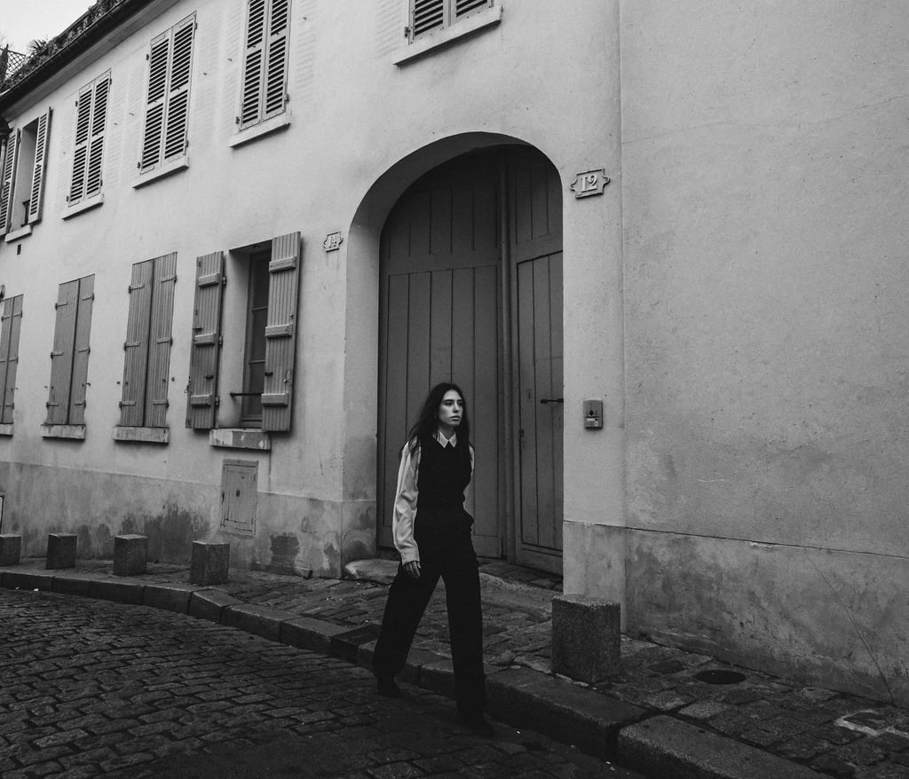 a woman in a black and white photo of a woman in a black and white