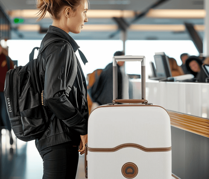 a woman with a backpack and a suitcase