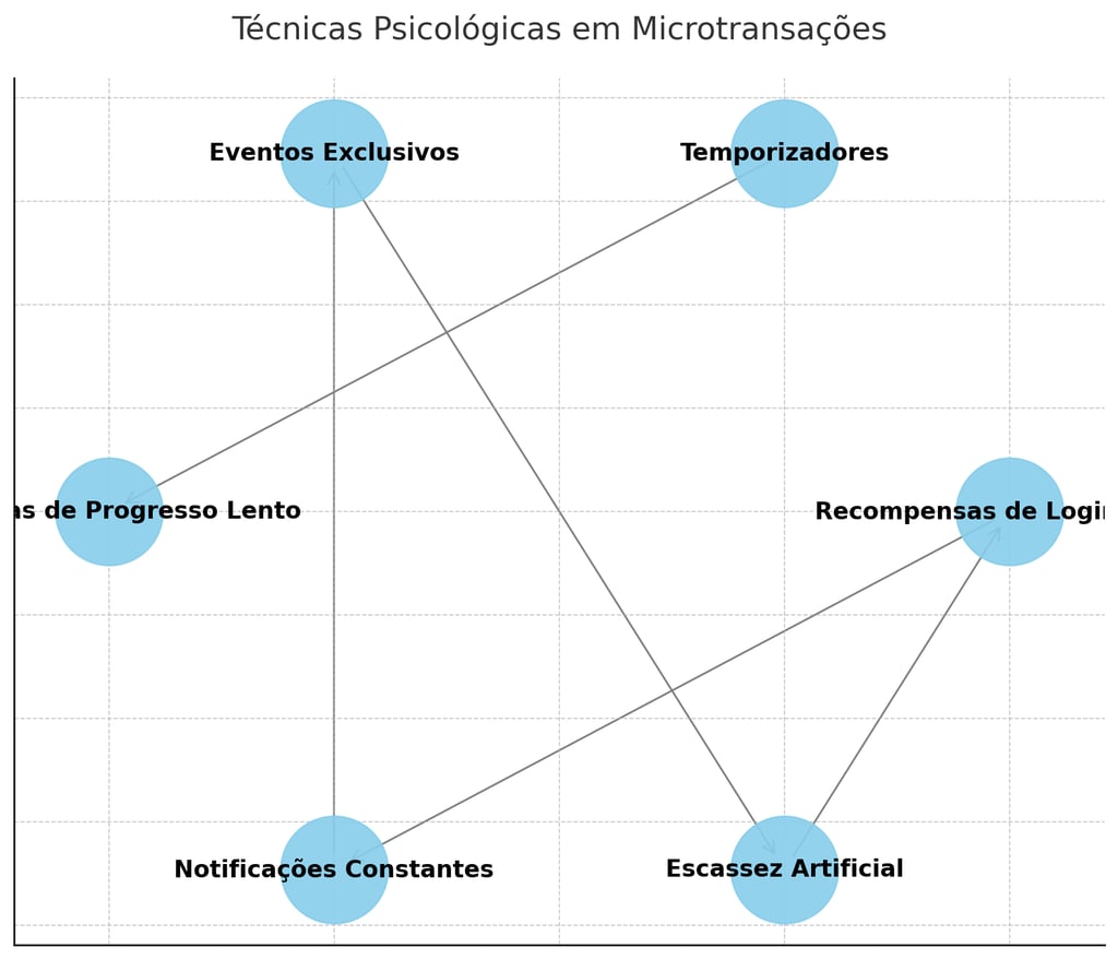Diagrama circular destacando técnicas psicológicas em microtransações, incluindo notificações