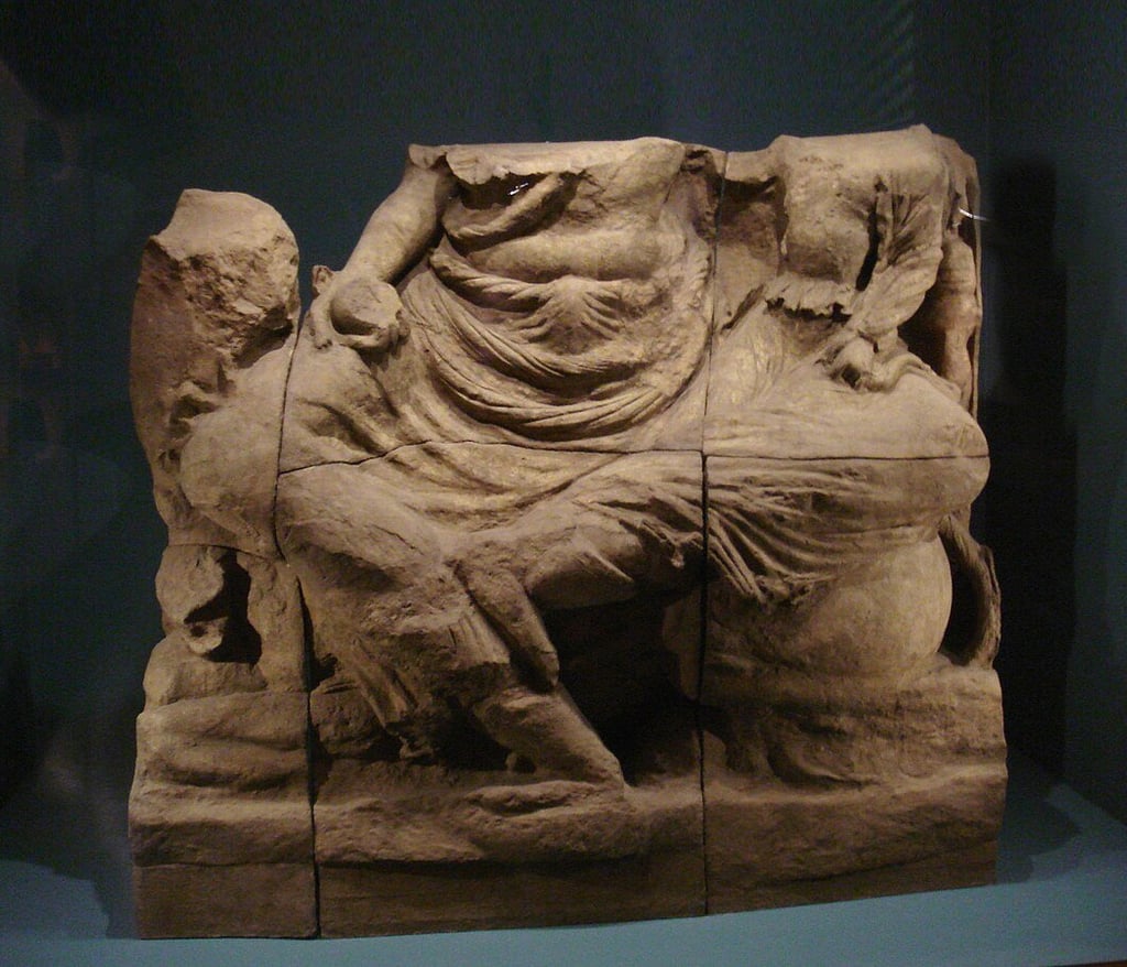 Beheaded Murti of Shiva and Uma, found buried underneath Penjikent Mosque.