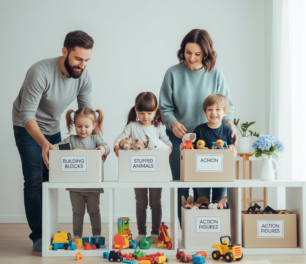 a family of three children with boxes of toys
