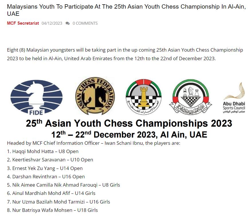 Malaysians Youth To Participate At The 25th Asian Youth Chess Championship In Al-Ain, UAE