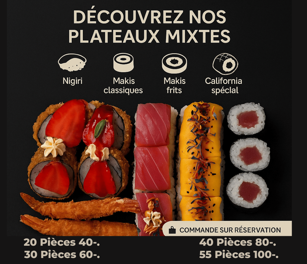 Menu plat mix plat mixte sushi spécial California roll maki nigiri gunkan maki frit crevette thon 