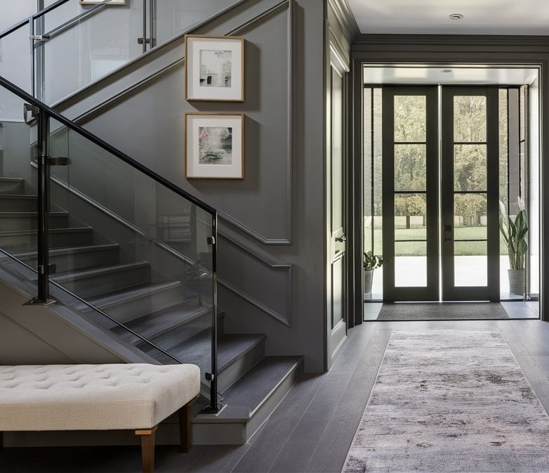 a hallway with a bench and a bench in the middle of the room