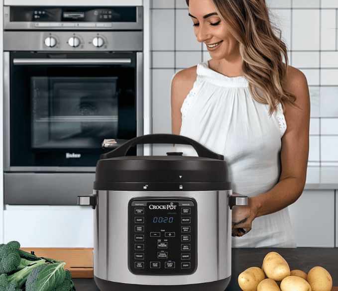 a woman in a white top and a potted potatoes in a potted pot