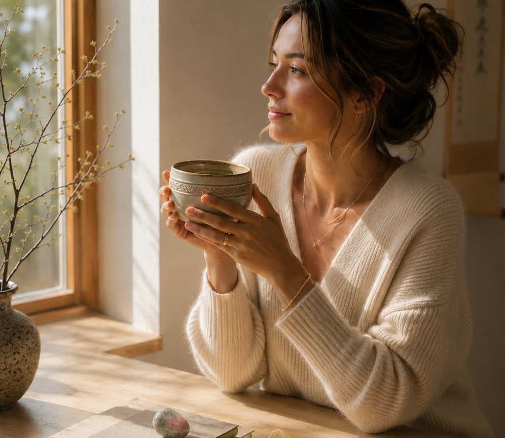 Woman enjoying a mindful morning matcha ritual beside a sunlit window.