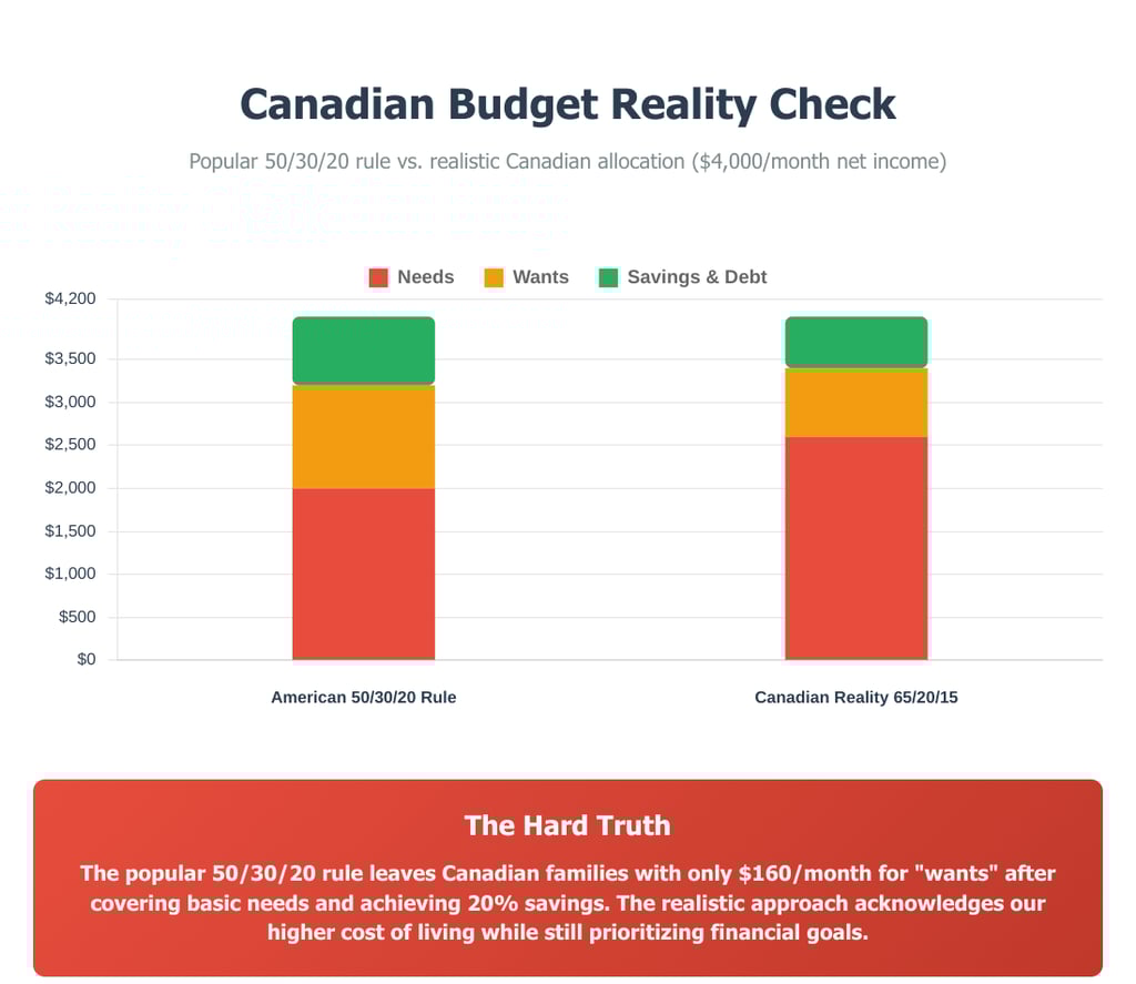 Shows how the 50/30/20 rule for savings looks in Canada
