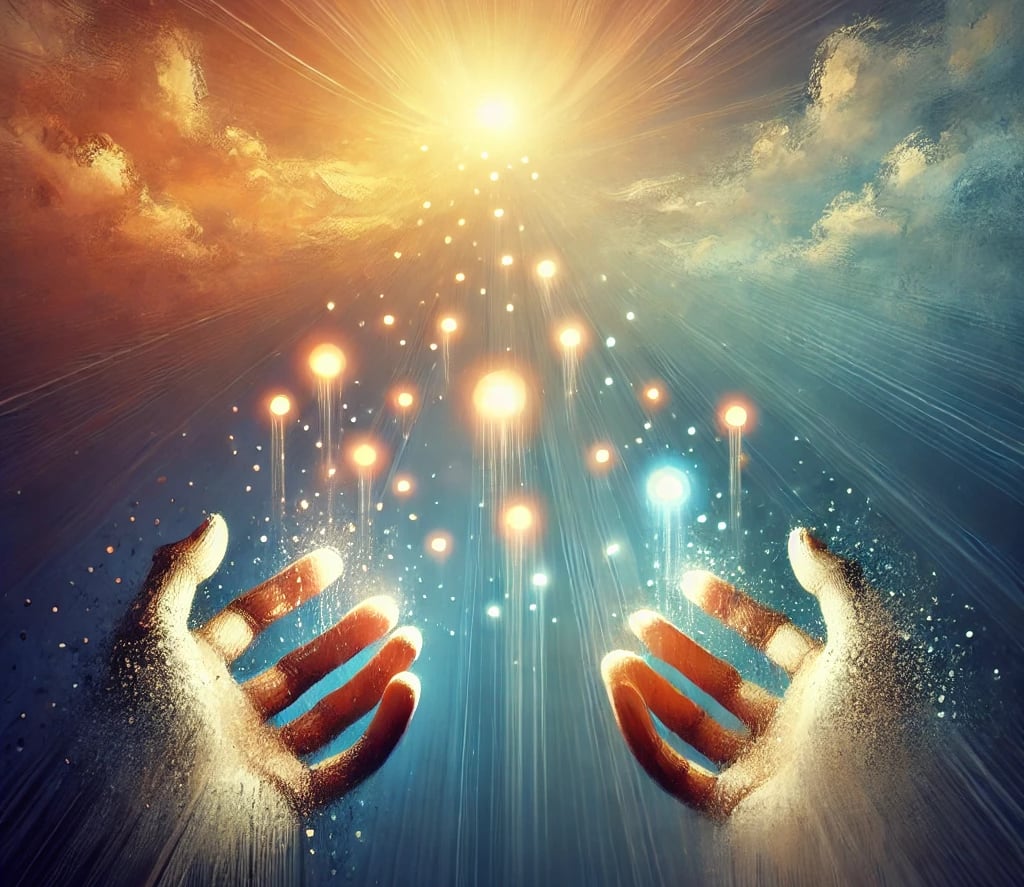 two hands reaching for the light of the sun