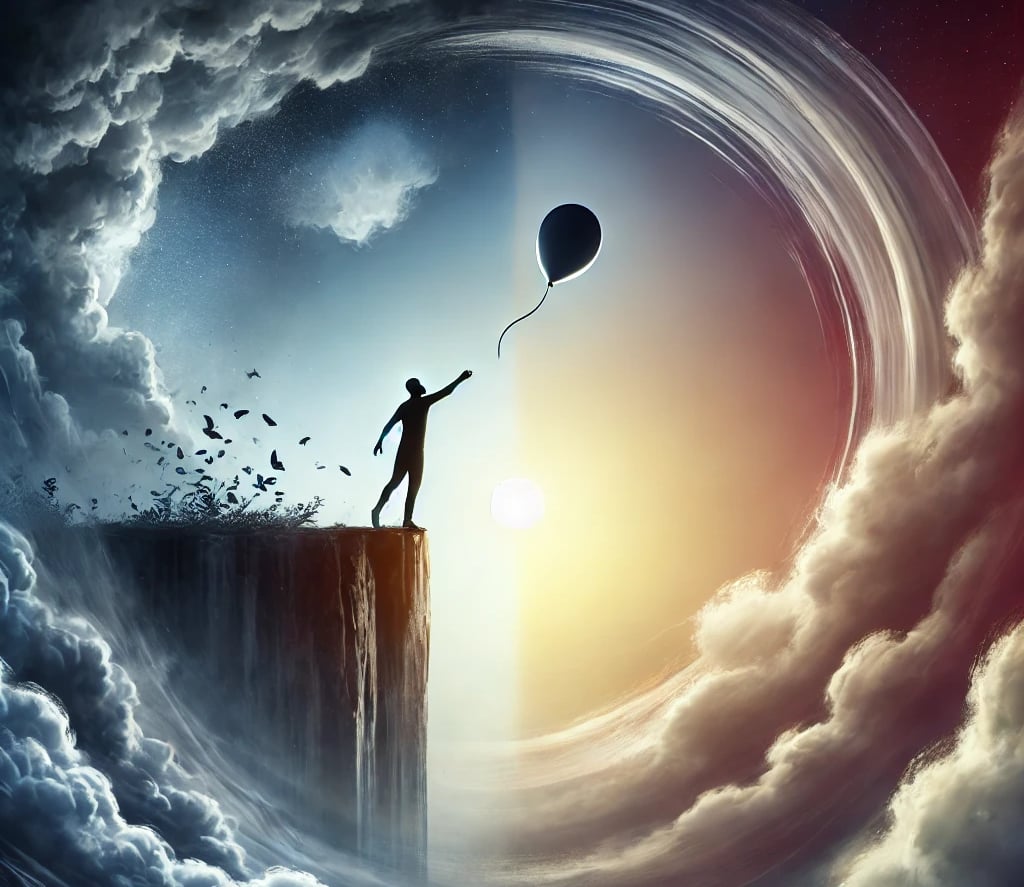 A man letting go of a balloon on the edge of a cliff