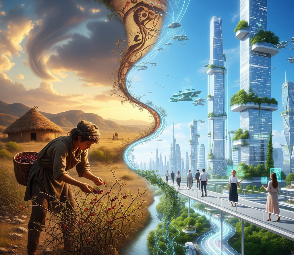 A single image split down the middle, contrasting the struggles of the past with the utopian present