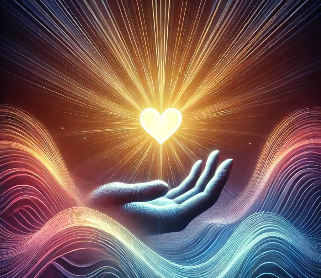 a person holding a heart shaped object with rays of light in their hands