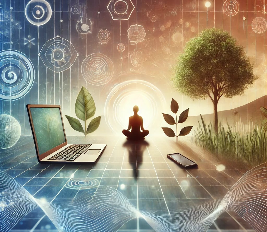 a person sitting cross-legged with a laptop and cell phone behind them
