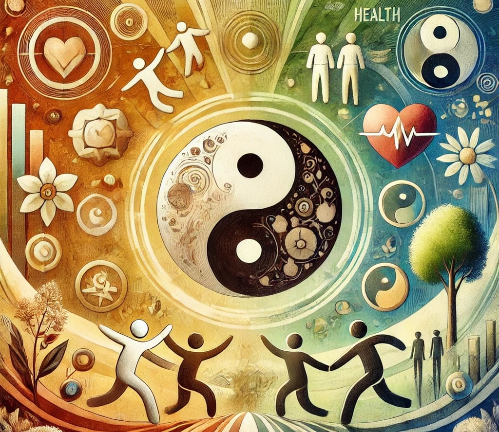 a painting of a ying yang symbol surrounded by human figures, hearts and flowers